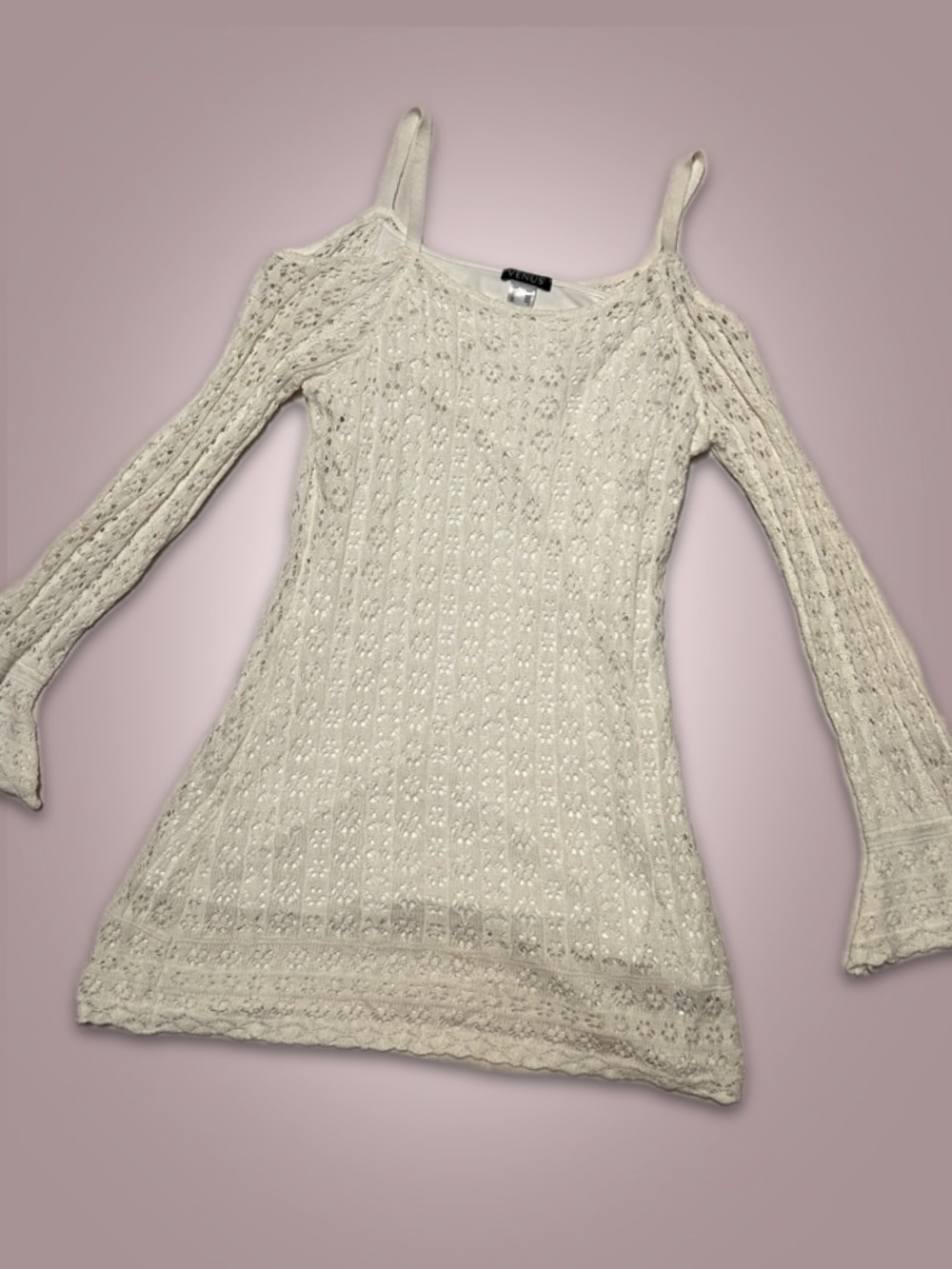 White Knit Long Bell Sleeve 60s/70s Boho Whimsigoth Y2K Fairy Dress by VENUS